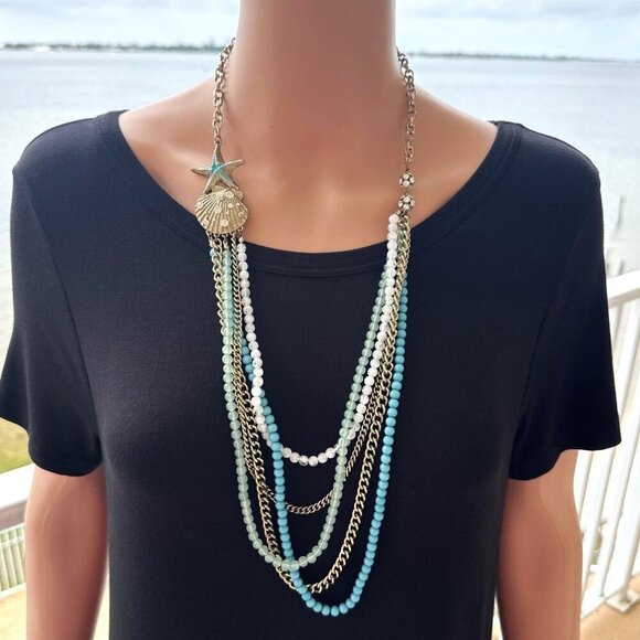 Necklace Multi Strand Ocean Blue Gold Tone Seashell - Picture 1 of 3